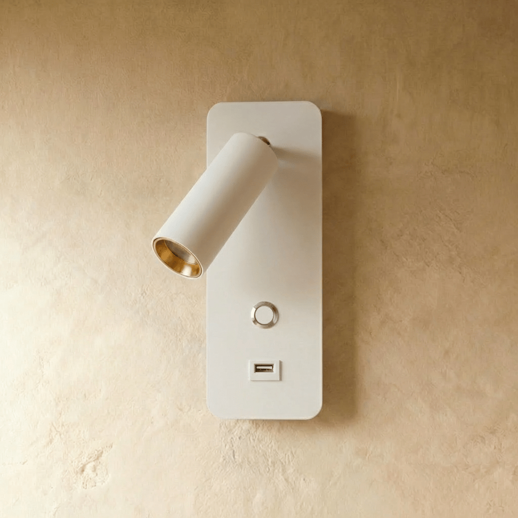 Seen from a slightly closer angle, the white reading light's swivel spot and USB port catch the light in this Clérachic hero shot.