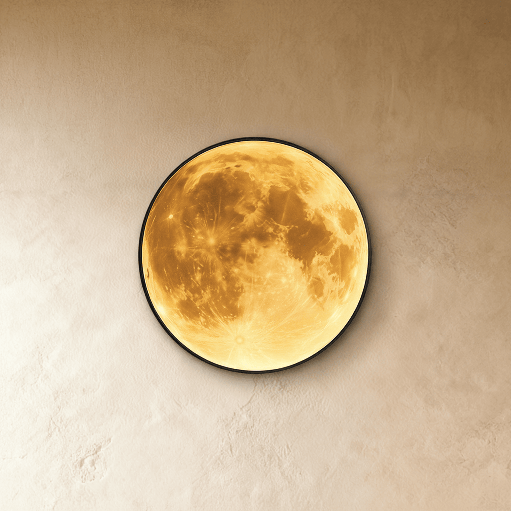 Clérachic illuminated moon wall lamp glowing warm amber against a plaster wall, showing the full lunar surface detail.