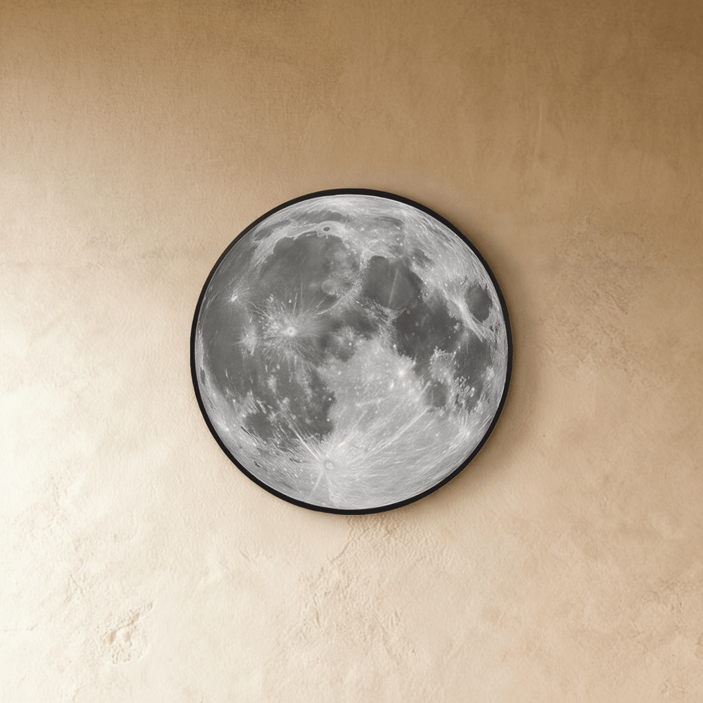 Clérachic moon wall lamp shown unlit, displaying the engraved grey lunar surface art against a plaster wall.