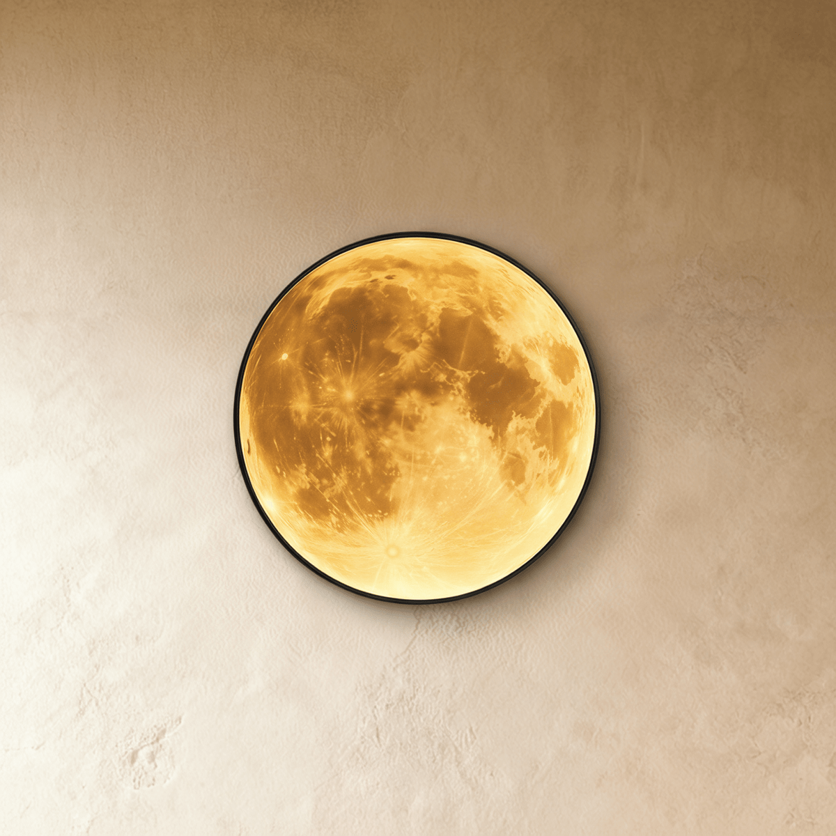 Clérachic illuminated moon wall lamp in warm amber light, mounted flush on a plaster wall with a black rim.