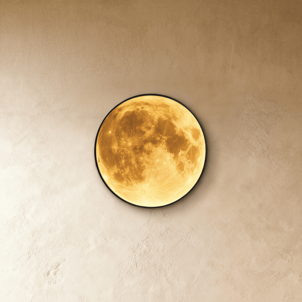 Clérachic illuminated moon wall lamp in warm amber tones, the lunar surface art lit against a plaster wall.