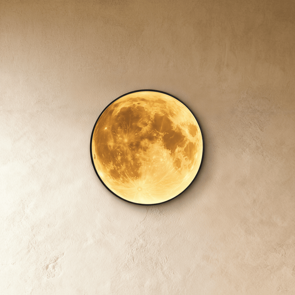 Clérachic illuminated moon wall lamp viewed straight-on, its warm amber glow lighting the lunar surface art.