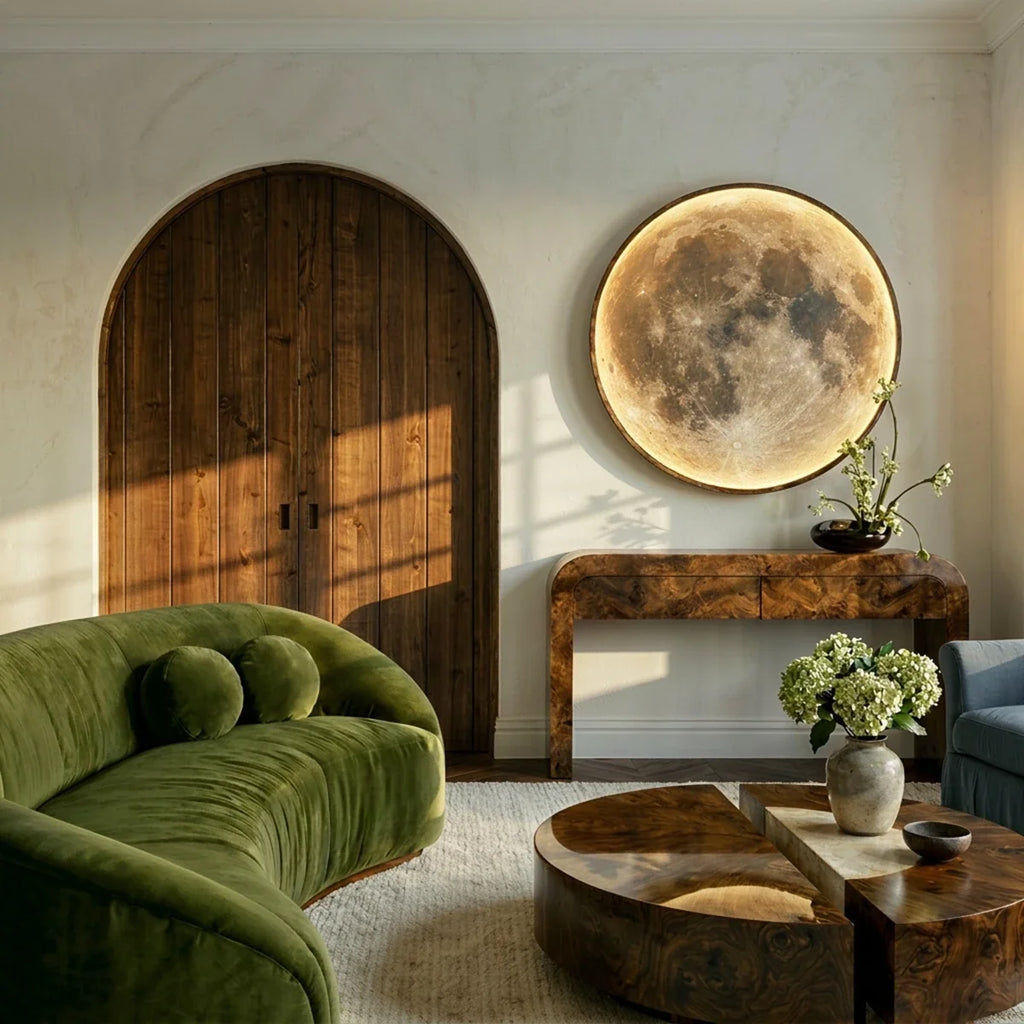 Clérachic illuminated moon wall lamp mounted above a wood console table in a living room with a green sofa.