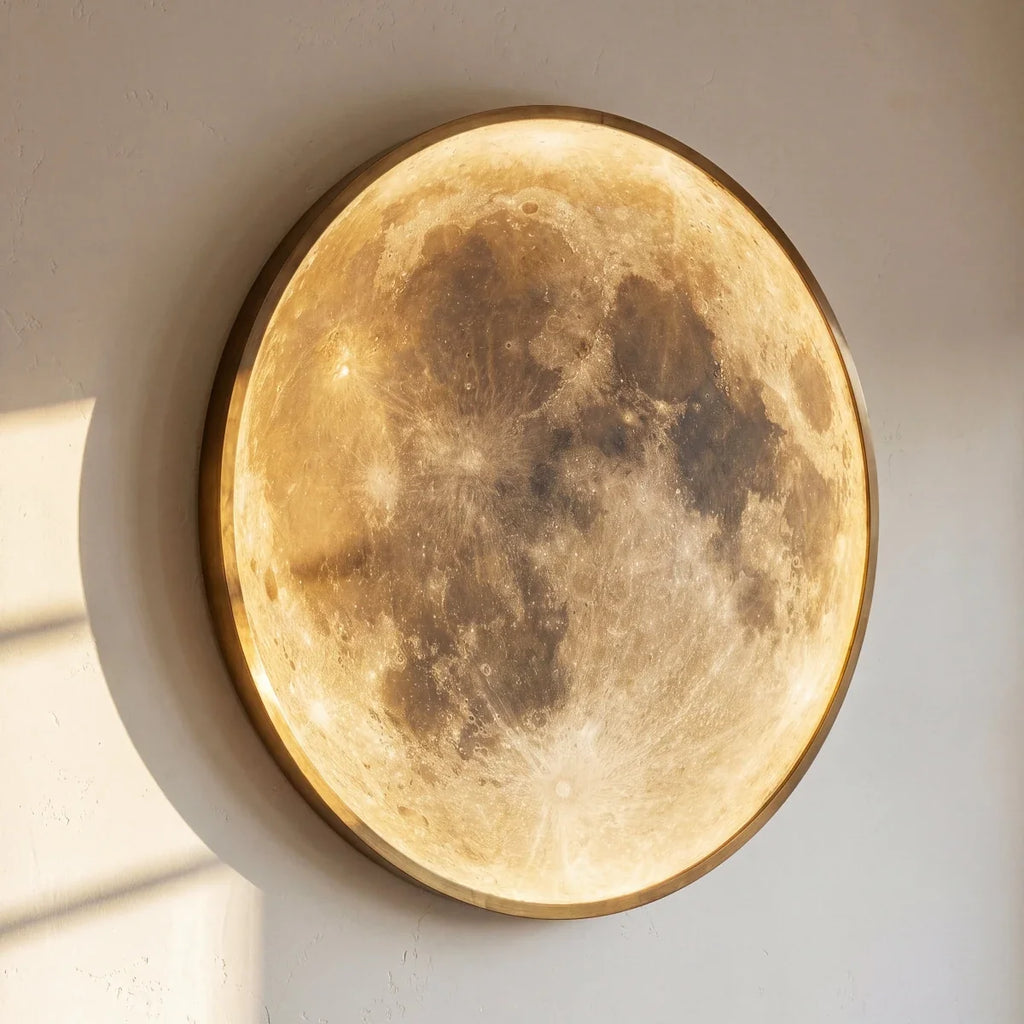 Clérachic illuminated moon wall lamp glowing warm amber on a sunlit wall, its brass-toned frame catching the light.