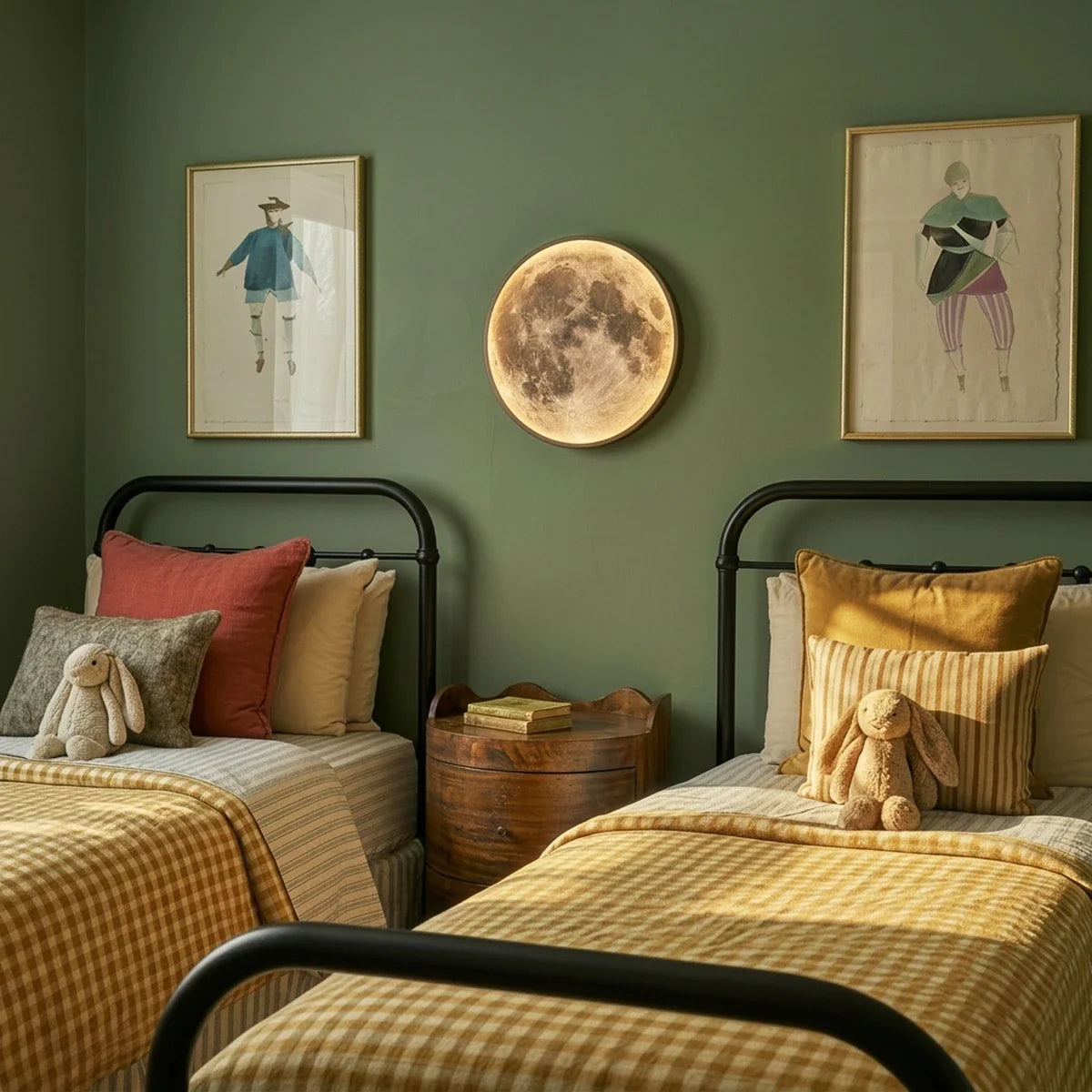 Clérachic illuminated moon wall lamp mounted between two beds on a green wall in a children's bedroom.