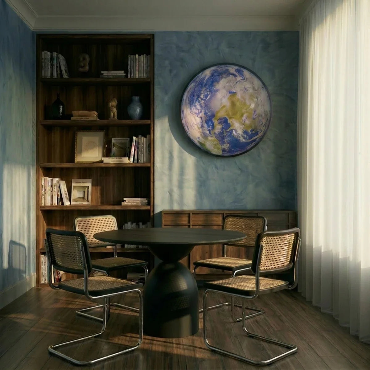 Clérachic illuminated Earth wall lamp mounted on a blue wall above a sideboard in a dining room with cane chairs.