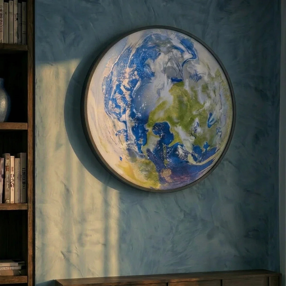 Clérachic illuminated Earth wall lamp in close detail, showing the blue and green marbled glass surface.