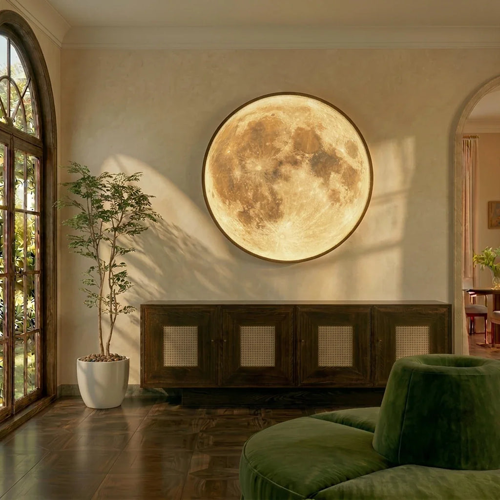 Clérachic illuminated moon wall lamp mounted above a wood cabinet in a living room with a green armchair.