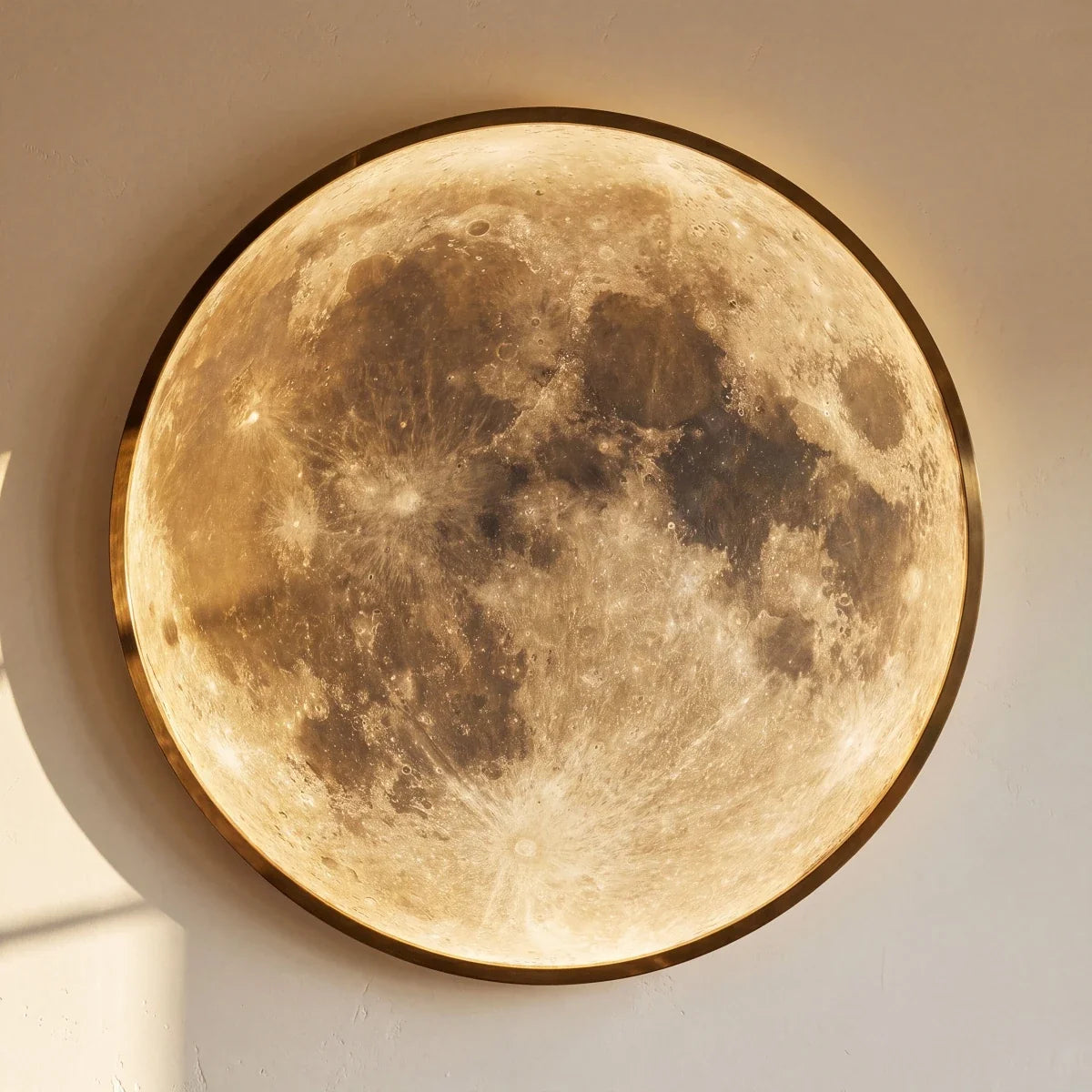 Clérachic illuminated moon wall lamp in close detail, its brass-toned rim framing the glowing lunar surface.