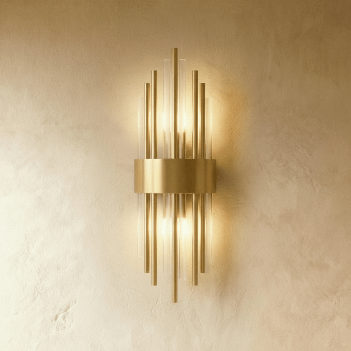 Clérachic brass wall sconce with radiating fluted glass rods and a curved gold-tone backplate glowing warm against plaster.