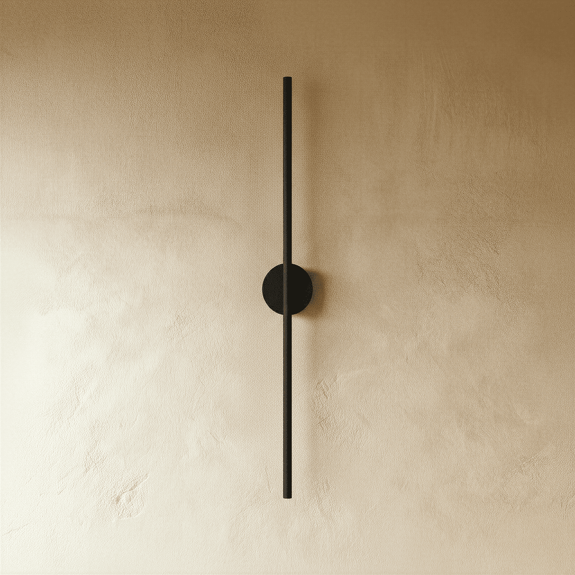 Clérachic black slim wall light shown unlit, a thin rod fixed by a round canopy to a plaster wall.