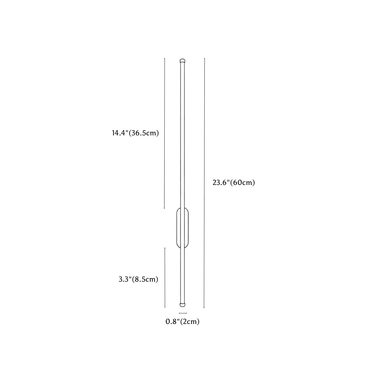 Clérachic wall light dimension drawing, Oval, 60 cm, every measurement marked in centimetres and inches.