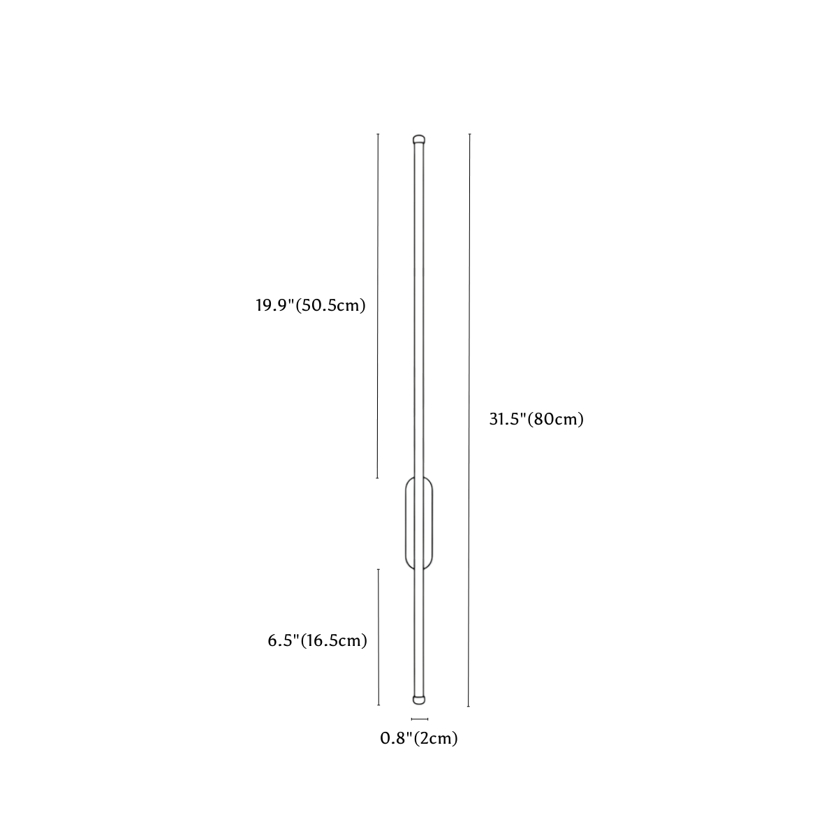 Clérachic wall light dimension drawing, Oval, 80 cm, every measurement marked in centimetres and inches.
