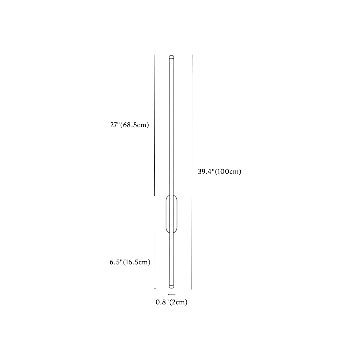 Clérachic wall light dimension drawing, Oval, 100 cm, every measurement marked in centimetres and inches.