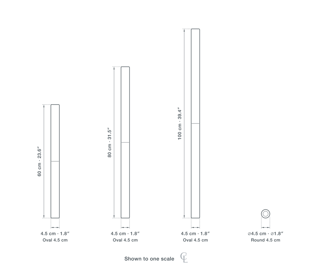 Technical dimension drawing of the Clérachic Black Wall Light for Living Room, Slim Oval, 100 cm Tall in 4 sizes — Oval 4.5 cm at 4.5 × 60 cm (1.8 × 23.6″), Oval 4.5 cm at 4.5 × 80 cm (1.8 × 31.5″), Oval 4.5 cm at 4.5 × 100 cm (1.8 × 39.4″), Round 4.5 cm at 4.5 cm (1.8″) across, drawn to one scale.