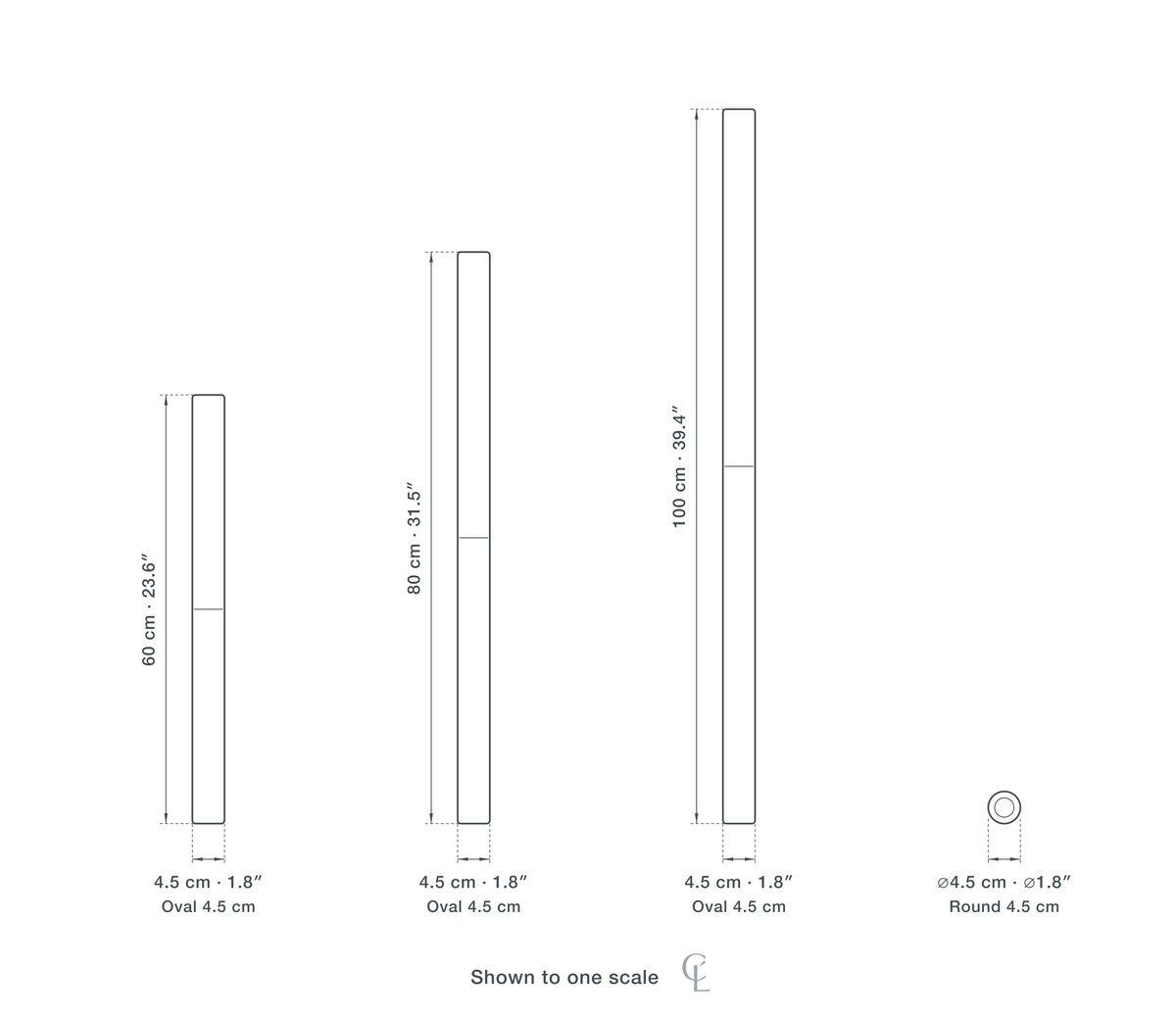 Technical dimension drawing of the Clérachic Black Wall Light for Living Room, Slim Oval, 100 cm Tall in 4 sizes — Oval 4.5 cm at 4.5 × 60 cm (1.8 × 23.6″), Oval 4.5 cm at 4.5 × 80 cm (1.8 × 31.5″), Oval 4.5 cm at 4.5 × 100 cm (1.8 × 39.4″), Round 4.5 cm at 4.5 cm (1.8″) across, drawn to one scale.