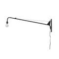 Black swing-arm wall light from Clérachic on a plain white background, with a white globe bulb, wall plate and cord.