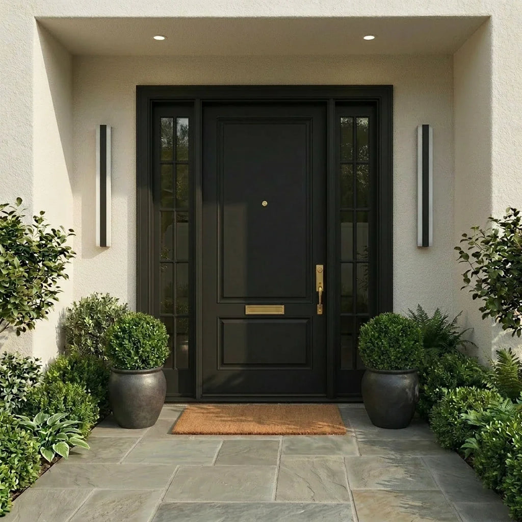 Two black column sconces flank a black front door beneath a covered stucco entry in this Clérachic lifestyle shot.