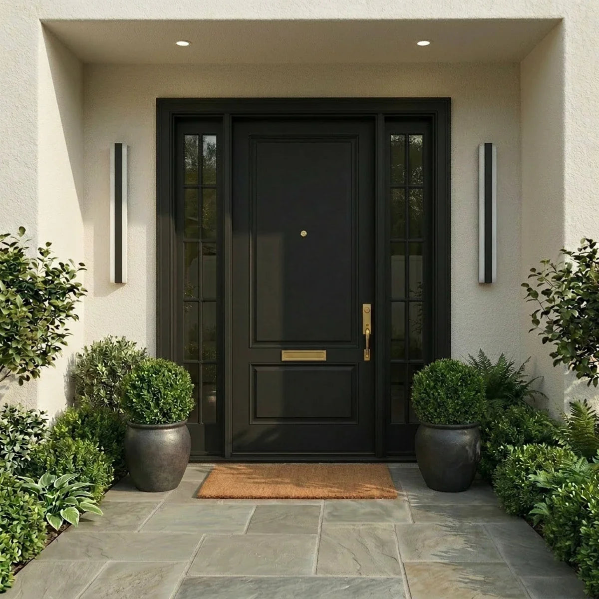 Two black column sconces flank a black front door beneath a covered stucco entry in this Clérachic lifestyle shot.