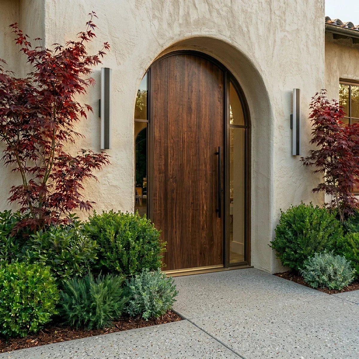 Two black column sconces flank an arched wood door beneath red Japanese maples in this daytime Clérachic lifestyle shot.