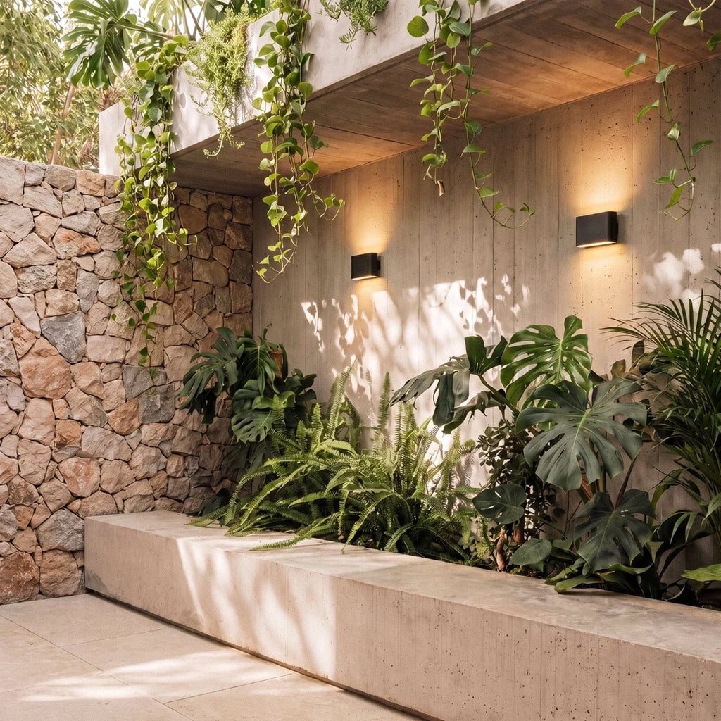 Two black up-down sconces light a concrete courtyard wall beside a stone accent and trailing vines, Clérachic lifestyle shot.