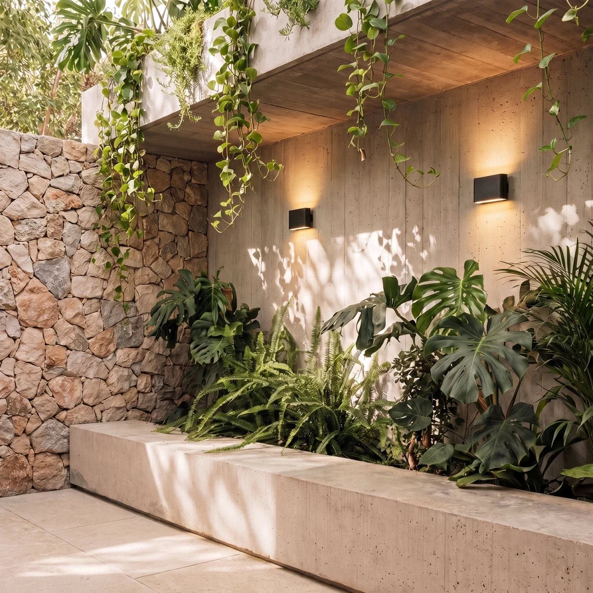 Two black up-down sconces light a concrete courtyard wall beside a stone accent and trailing vines, Clérachic lifestyle shot.
