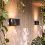 A closer crop shows one black up-down sconce glowing on ribbed concrete amid hanging greenery, Clérachic detail shot.
