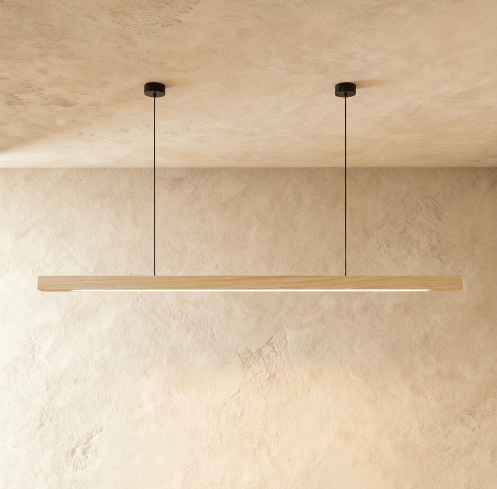 The Clérachic pine wood pendant bar spans the frame, its LED edge glowing beneath twin round canopies.