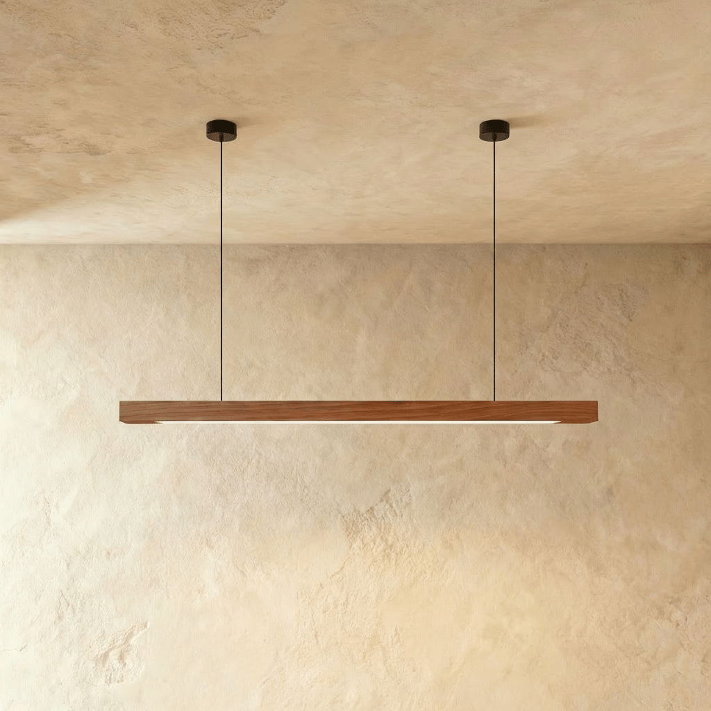 Clérachic's black walnut pendant bar hangs from two round black canopies, its dark grain catching the light.
