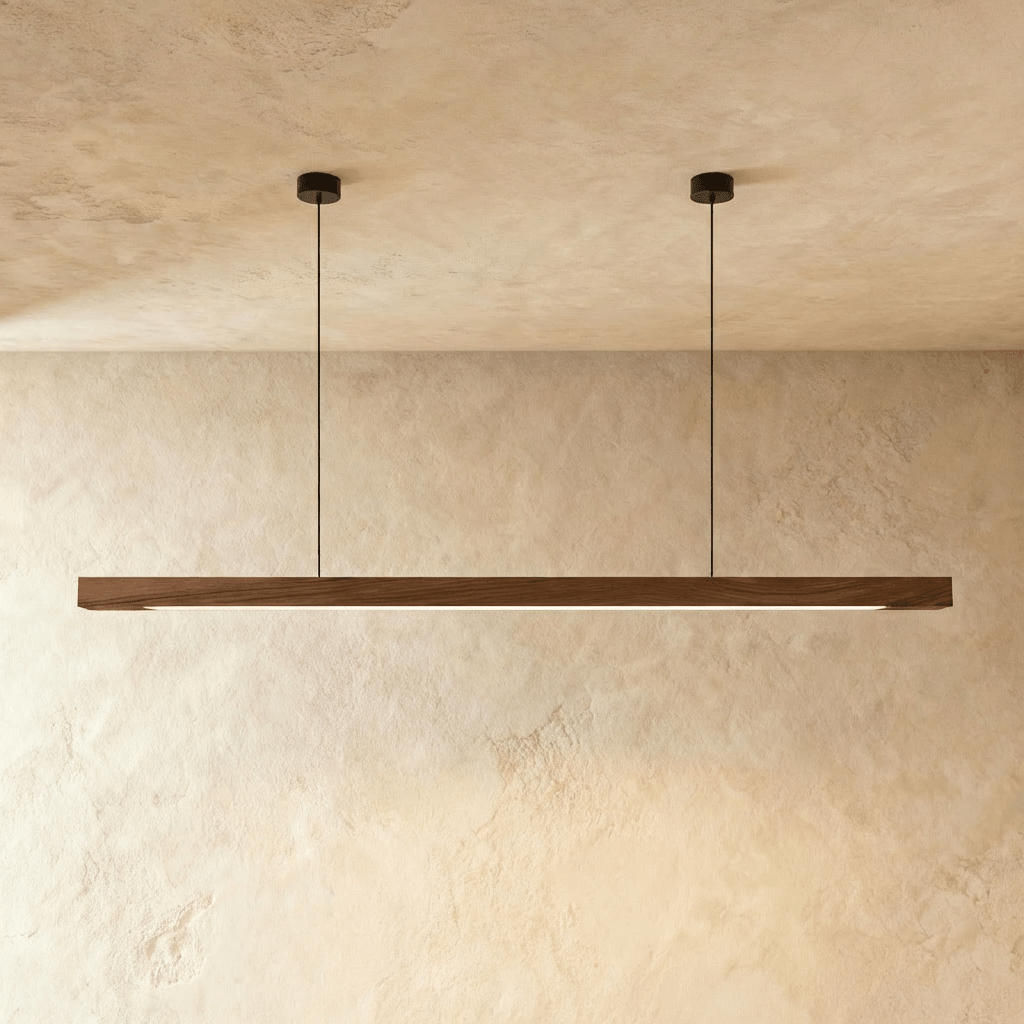 A front view of the Clérachic black walnut pendant bar shows its two round black ceiling canopies.
