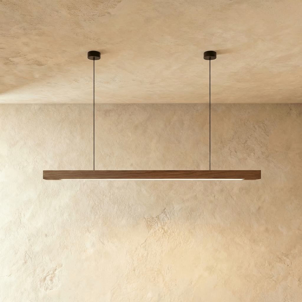 This Clérachic black walnut pendant bar glows evenly along its length, hung on twin round canopies.
