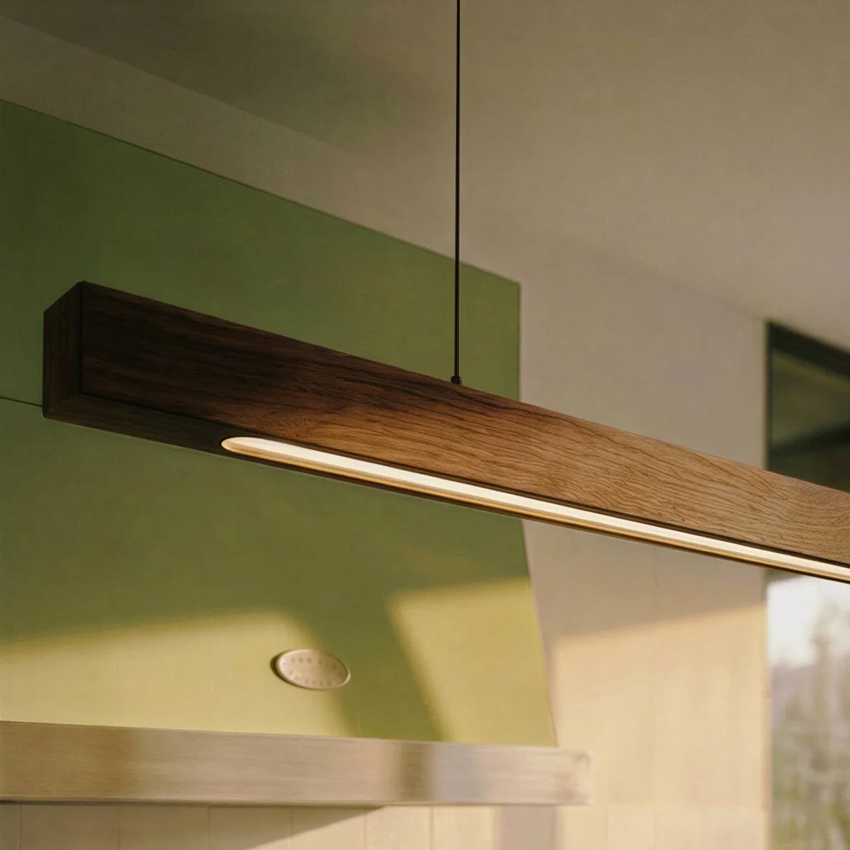 This close angle shows the Clérachic pendant bar's black walnut grain and LED edge above a green range.
