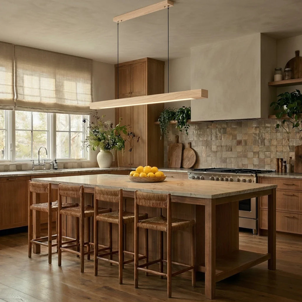 A Clérachic pine pendant bar hangs above a rustic kitchen island with woven stools and a lemon bowl.