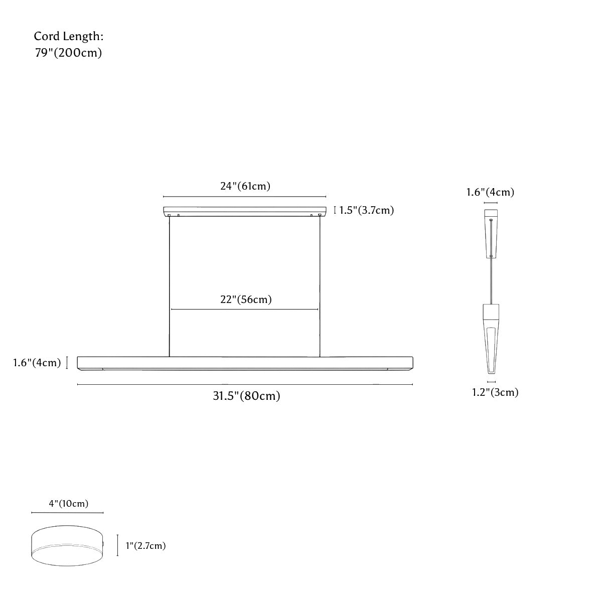 Clérachic pendant light dimension drawing, 80 cm, 12 W, every measurement marked in centimetres and inches.