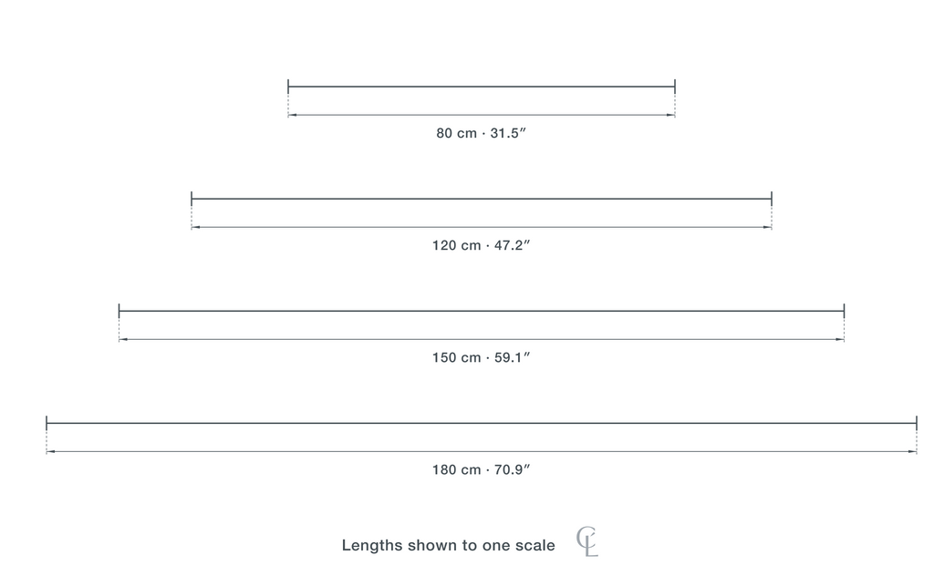 Technical dimension drawing of the Clérachic Black Walnut Pendant Light for Dining Table, Twin Canopy, 150 cm in 4 sizes — 80 cm (31.5″) long, 120 cm (47.2″) long, 150 cm (59.1″) long, 180 cm (70.9″) long, drawn to one scale.