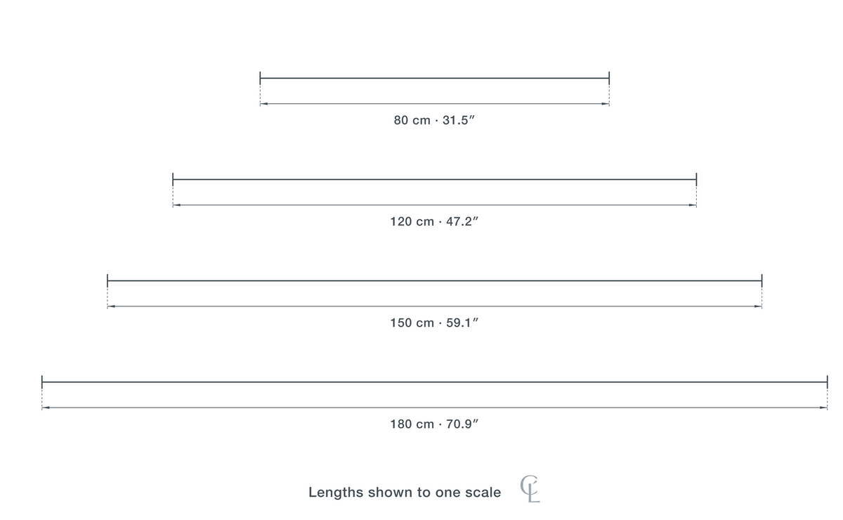 Technical dimension drawing of the Clérachic Black Walnut Pendant Light for Dining Table, Twin Canopy, 150 cm in 4 sizes — 80 cm (31.5″) long, 120 cm (47.2″) long, 150 cm (59.1″) long, 180 cm (70.9″) long, drawn to one scale.