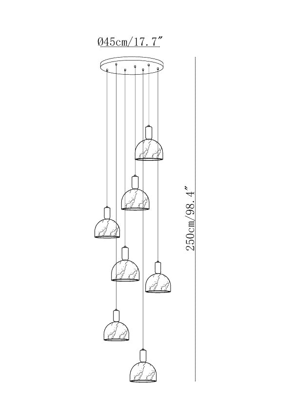 Dimension drawing of the blair alabaster pendant light, in outline against white.