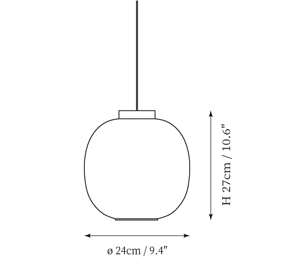 Dimension drawing of this Clérachic pendant, with its height of 27 cm and diameter of 24 cm marked.