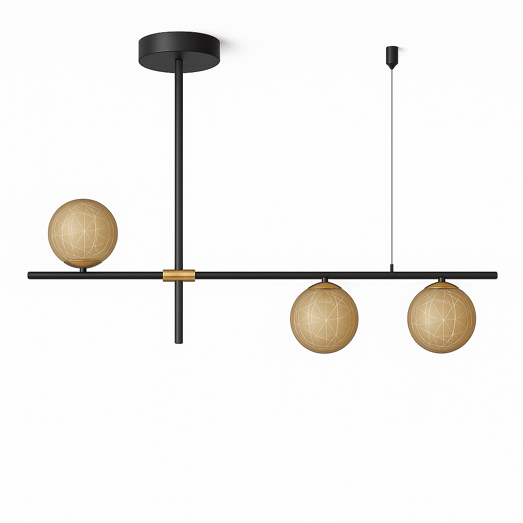 Clérachic 3-head linear chandelier with a black bar, brass collar and amber textured glass globes, shown unlit on white.