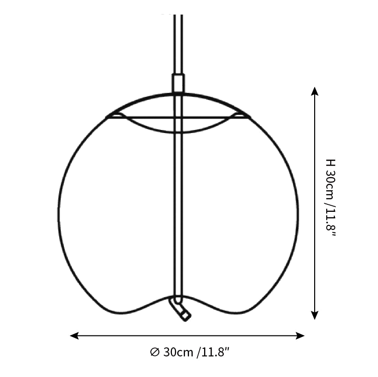 Clérachic pendant light dimension drawing, 1 of 4, every measurement marked in centimetres and inches.