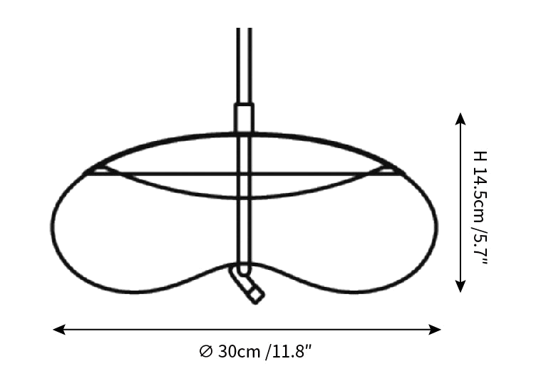 Clérachic pendant light dimension drawing, 2 of 4, every measurement marked in centimetres and inches.