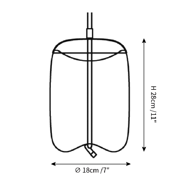 Clérachic pendant light dimension drawing, 3 of 4, every measurement marked in centimetres and inches.