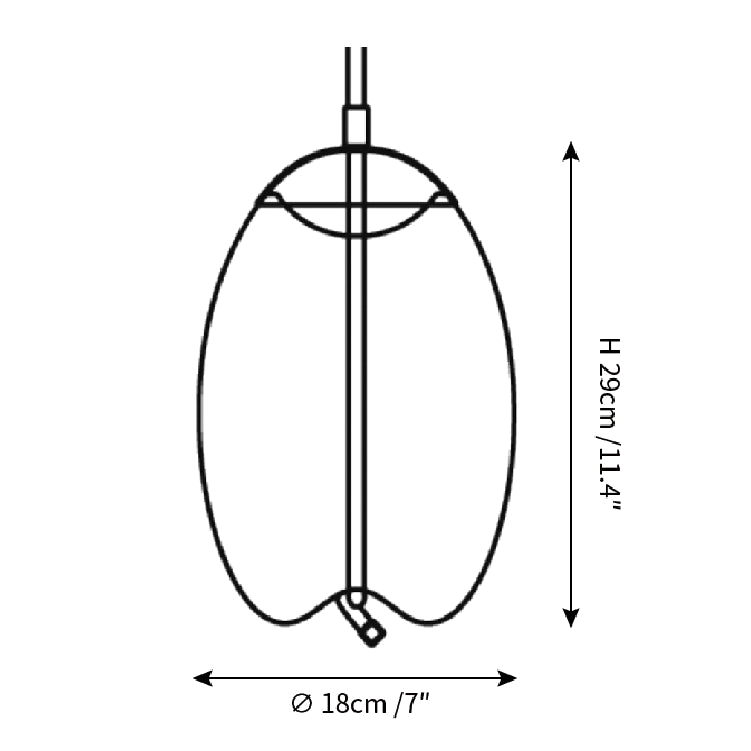 Clérachic pendant light dimension drawing, 4 of 4, every measurement marked in centimetres and inches.