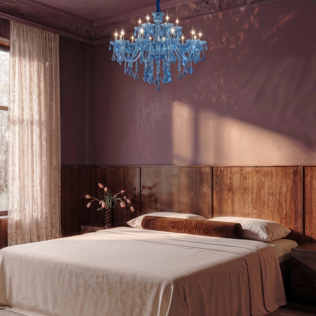 Clérachic blue crystal chandelier above a bed with a cream cover and bolster, in a plum bedroom with wood panelling