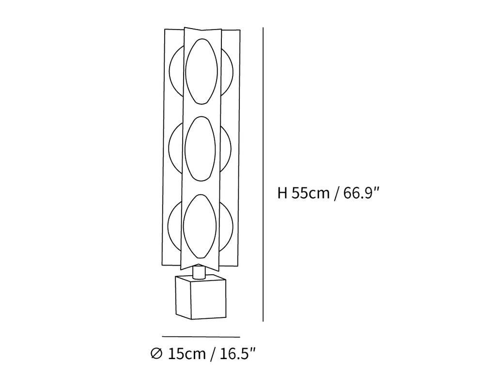 Dimension drawing of the blue kleos floor lamp, in outline against white.