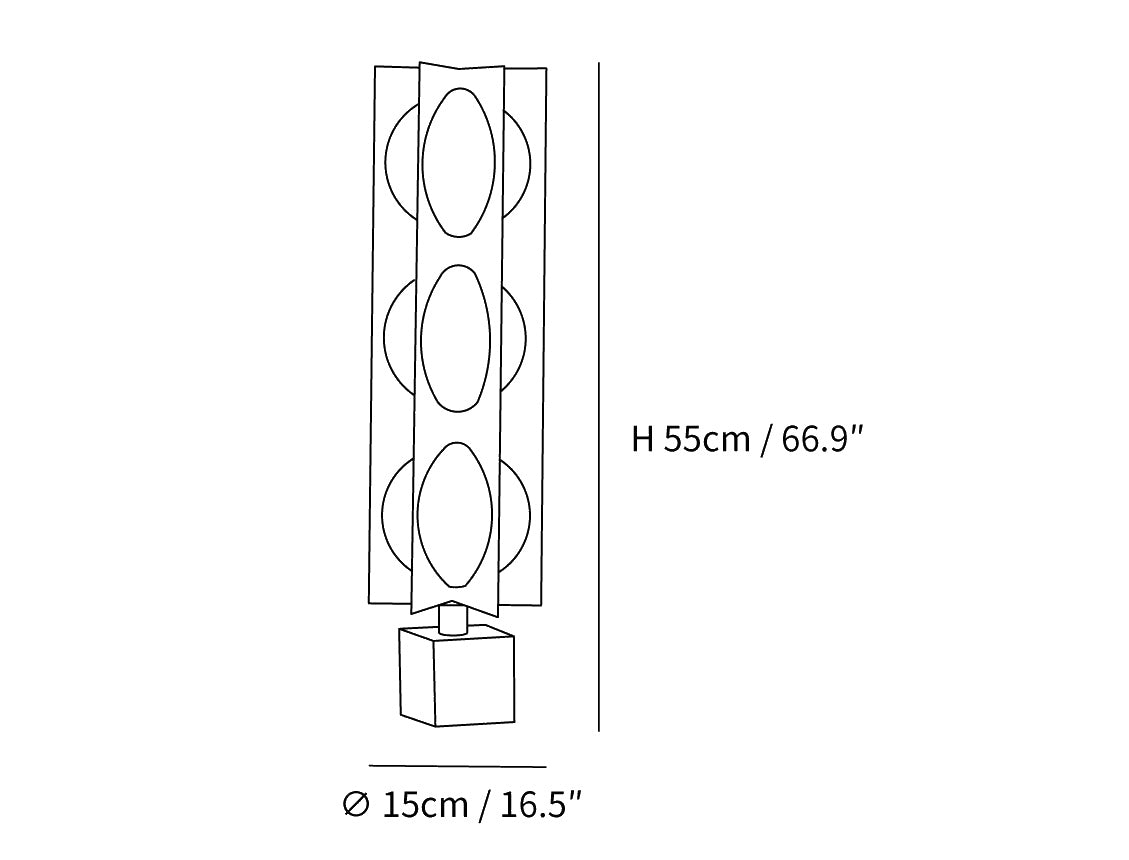 Dimension drawing of the blue kleos floor lamp, in outline against white.