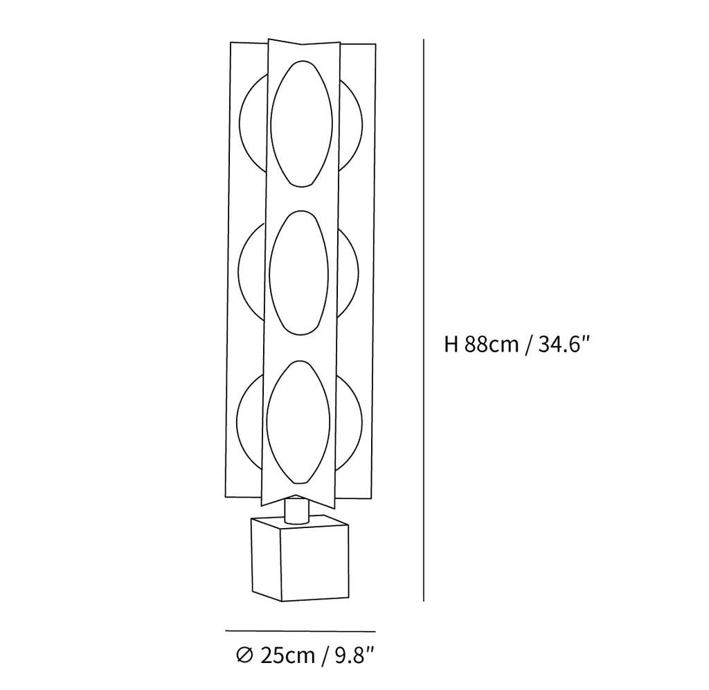 Dimension drawing of the blue kleos floor lamp, in outline against white.