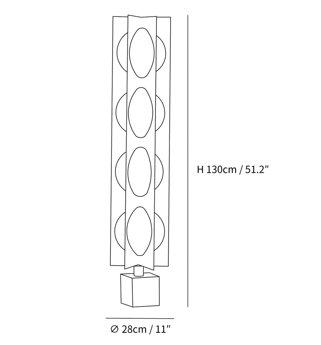 Dimension drawing of the blue kleos floor lamp, in outline against white.