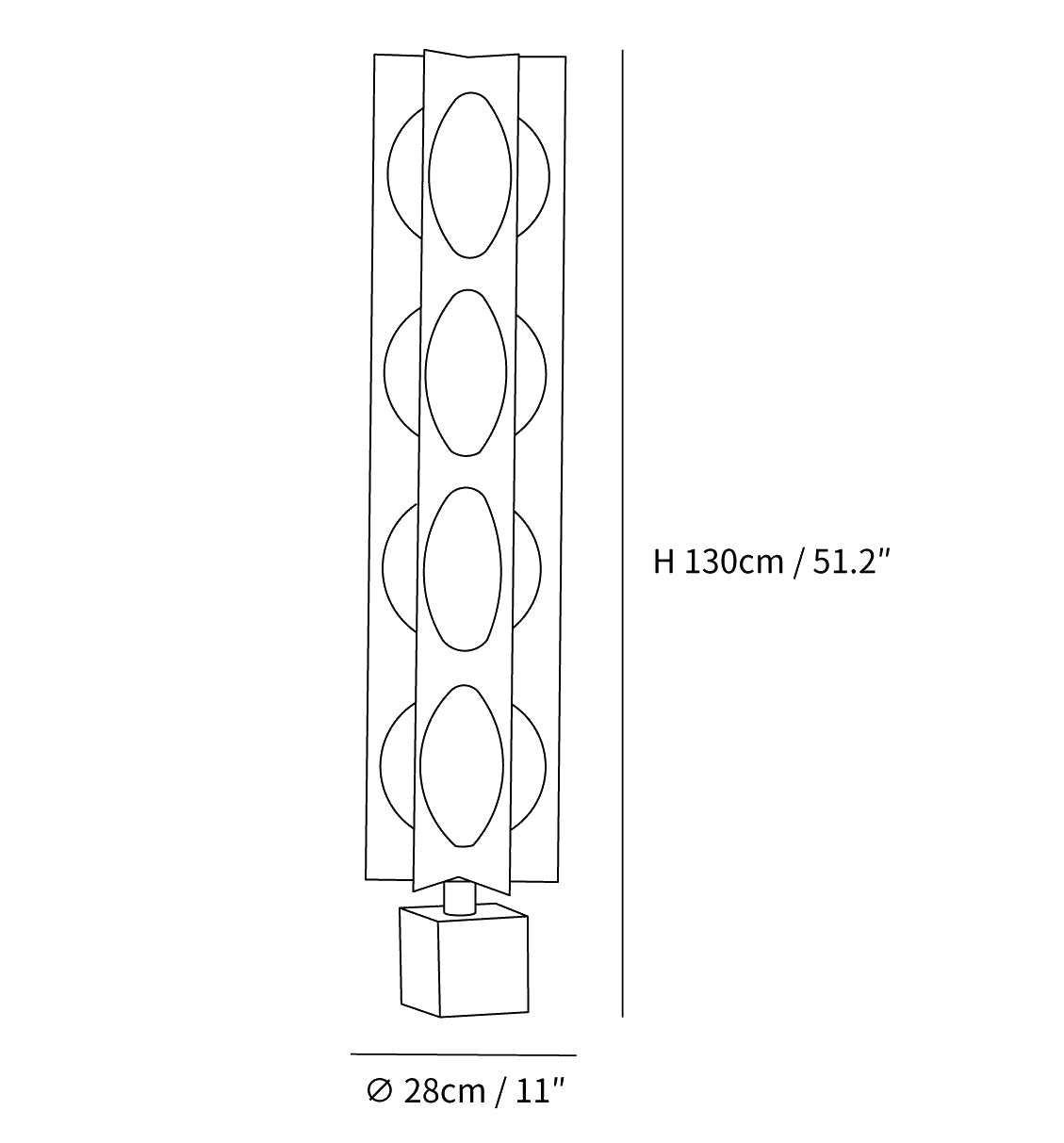 Dimension drawing of the blue kleos floor lamp, in outline against white.
