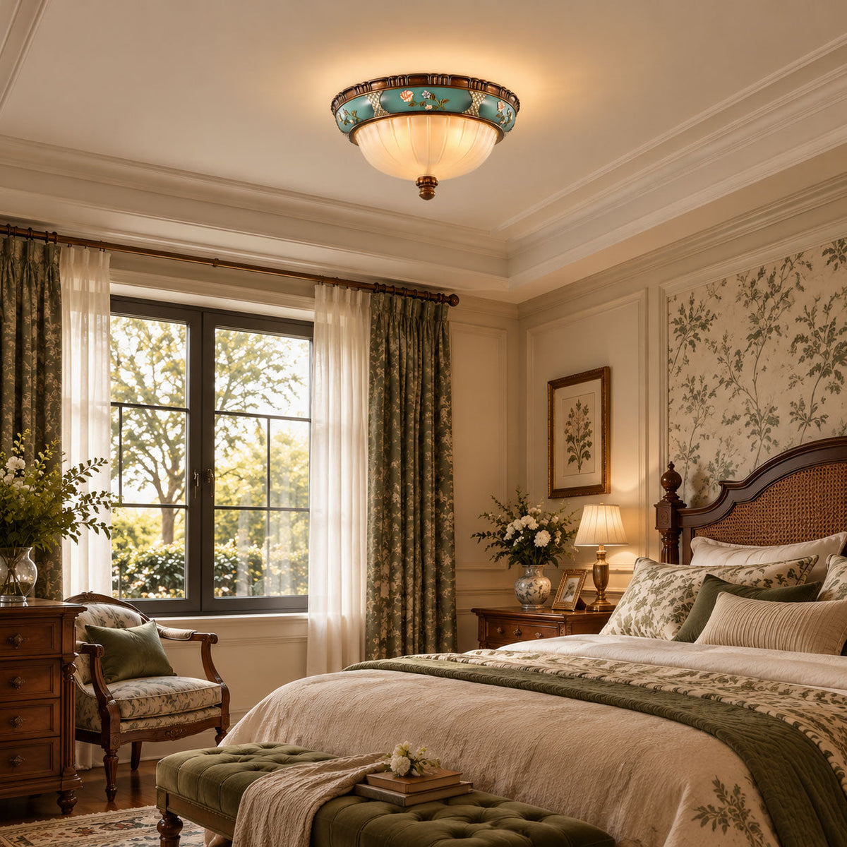 Lit Clérachic ceiling light in a cream bedroom with a wood bed, green curtains and floral wallpaper.